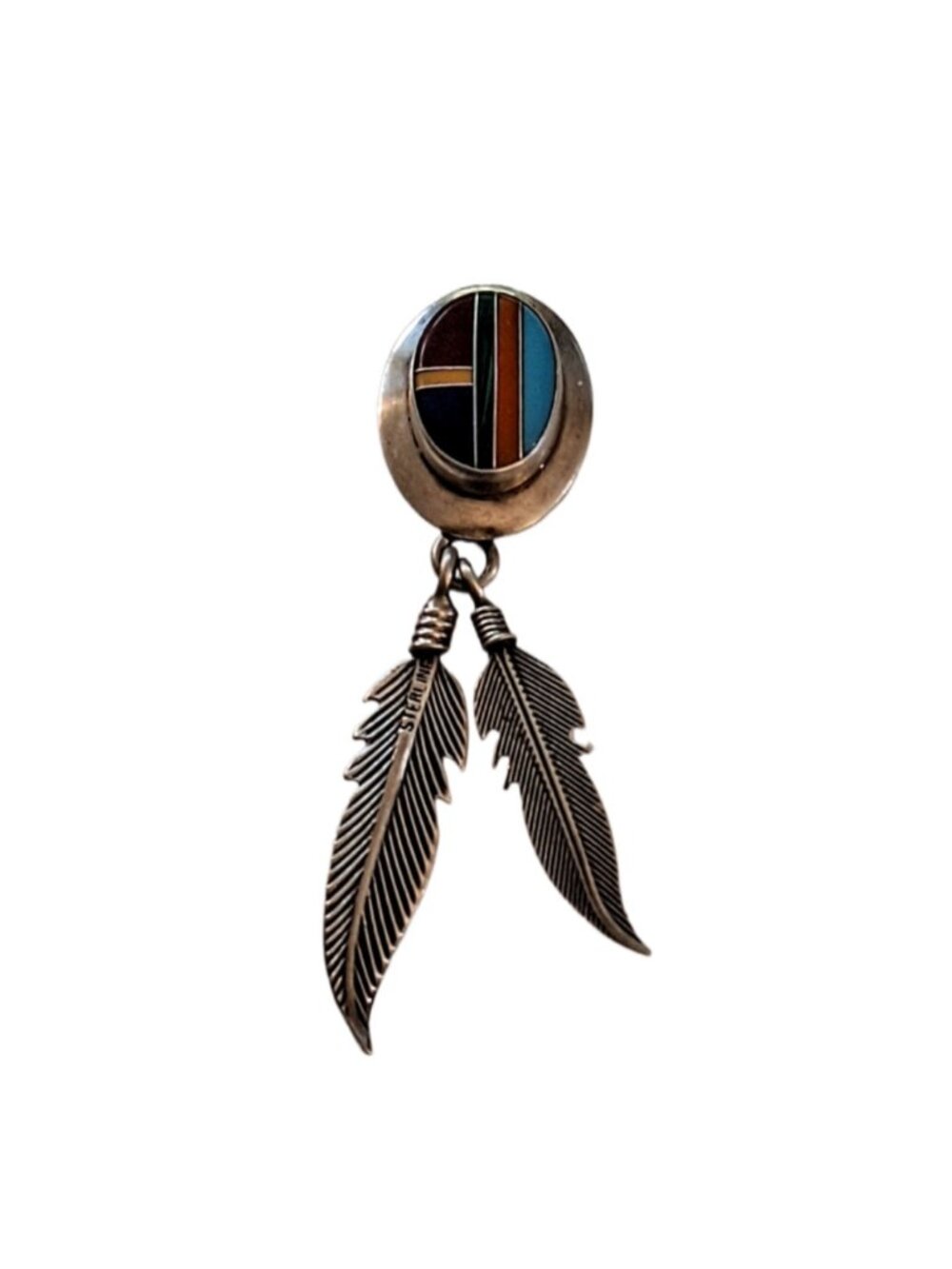 Sterling Native American Dangle Feather Earrings w/ Multicolored Stone